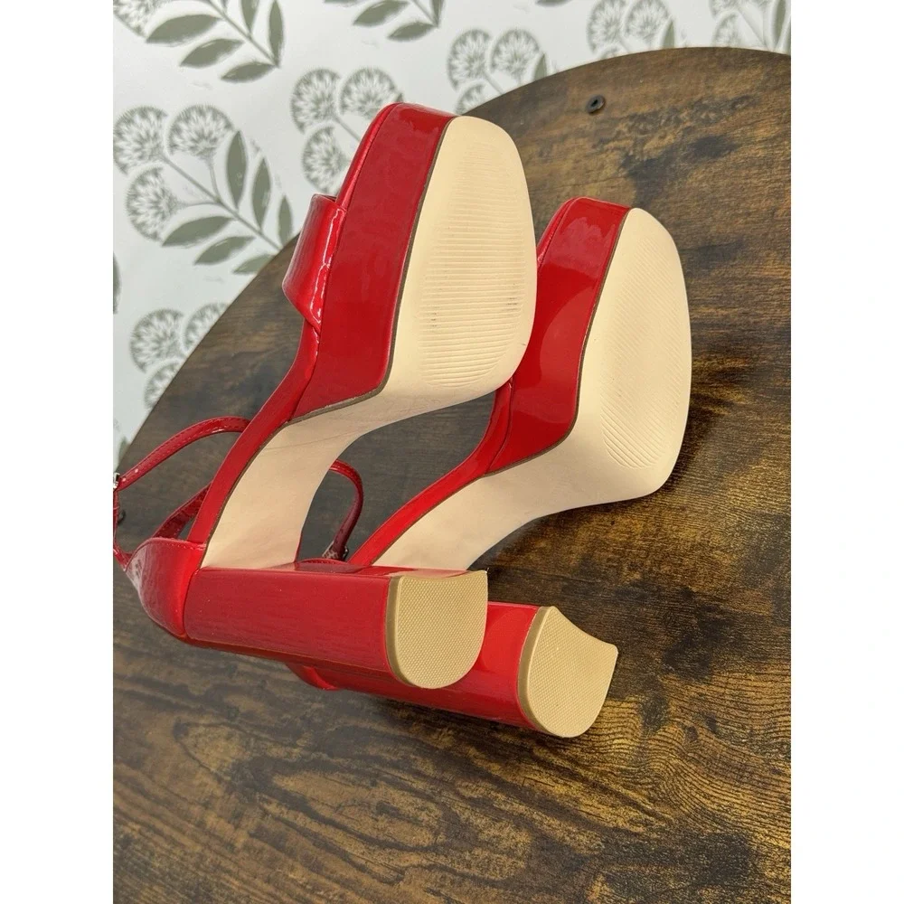 Madden Girl Omega Red Patent Platform Ankle Strap Buckle Open Toe Block Heel 7